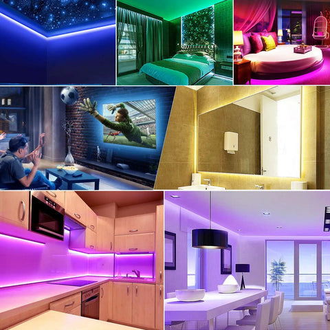 Various rooms illuminated with USB RGB LED strip lights kit with remote, showing color-changing backlighting for home decor.
