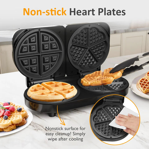 Dual Waffle Maker With Heart And Classic Plates, 2 Adjustable Temperature Knobs, Nonstick Surface, Easy Clean in kitchen setting