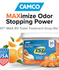 Premium Orange RV Toilet Drops Featuring Reactive Odor Eliminating Technology That Kicks Black Tank Stench To The Curb For A Chill Camper Cleanup A Solid 30 Pack in a container with citrus fruits.
