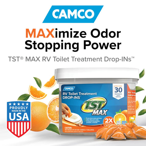 Premium Orange RV Toilet Drops Featuring Reactive Odor Eliminating Technology That Kicks Black Tank Stench To The Curb For A Chill Camper Cleanup A Solid 30 Pack in a container with citrus fruits.