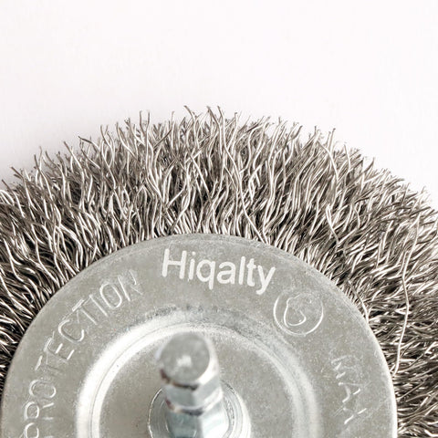 Close-up of stainless steel wire brush from Ten Piece Three Inch Stainless Steel Wire Wheel Brush Kit For Drill With One Quarter Inch Hex Shank