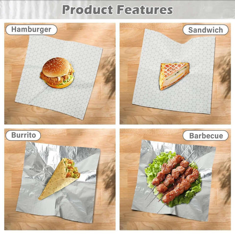 Product features of Insulated Foil Wrap Sheets 12x12 Pre Cut Greaseproof And Waterproof for sandwiches, burgers, burritos, barbecue.