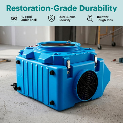 Beefed Up 3 Stage Filtration MERV 10 And HEPA Carbon Odor Removal Portable Air Purifier, blue, with rugged outer shell in a workshop.