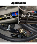 6AN Female To Three Eighths Inch Barb Hose Fitting Straight Swivel For Performance Fuel Lines Aluminum 6061 T6 High Pressure Up To 1500 PSI Easy Install Leak Free Seal installed on fuel hoses