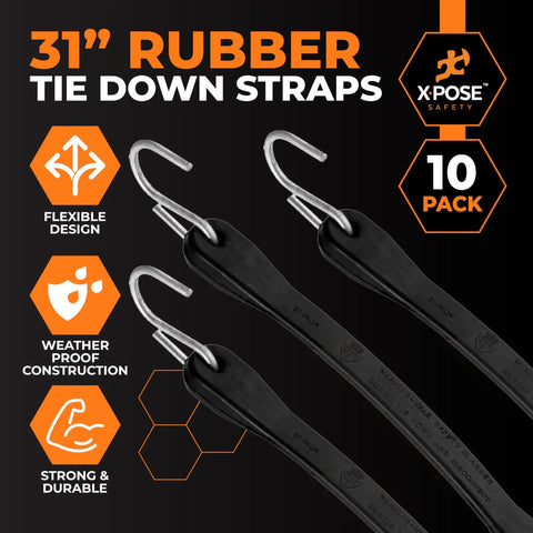 Heavy Duty Rubber Bungee Cords With Hooks 50 Pack, 31 Inch Length, black tie down straps shown with flexible and durable design
