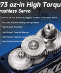 Beefy Brushless High Torque RC Servo Motor with CNC aluminum housing and steel gears for RC cars, close-up of servo gears.