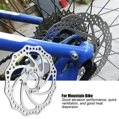 Mountain bike with Six Bolt 160mm Disc Brake Rotor For Mountain Bikes Stainless Steel Built To Last, Rust Resistant, 44mm Mounting Hole Distance Flange Adapter Included With All 6 Bolts For Easy Mount On Mountain And Road Bikes
