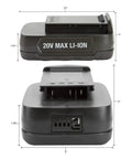 20V Lithium Ion Replacement Battery For A Half Inch Drive Cordless Impact Wrench Rechargeable One Pack Compatible With 24662A Pairs With 24660B Charger, showing side and top view with dimensions