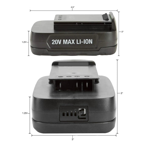 20V Lithium Ion Replacement Battery For A Half Inch Drive Cordless Impact Wrench Rechargeable One Pack Compatible With 24662A Pairs With 24660B Charger, showing side and top view with dimensions