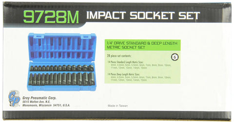 Packaging of One Quarter Inch Drive 28 Piece Deep and Standard Length Metric Master Socket Set, part no. 9728M, made in Taiwan