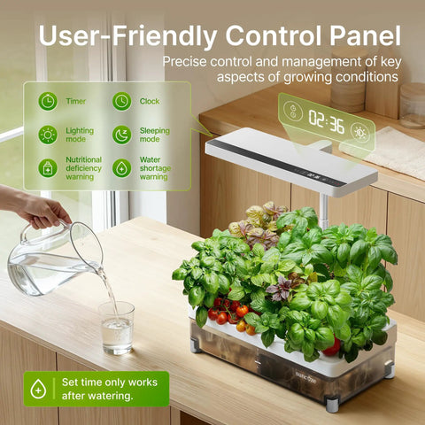 Indoor Hydroponics Growing System Kit With 13 Pods Dimmable Grow Light Four Liter Visible Water Tank on kitchen counter