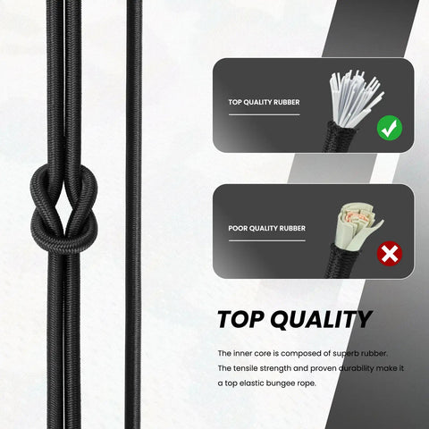 Heavy Duty Bungee Cord One Eighth Inch By 100 Feet Elastic Shock Rope For Tarps Trailers Backpacks Tent Poles And Kayaks Black Ideal For Securing Gear At Home Or On The Go. Image shows top quality rubber core comparison.