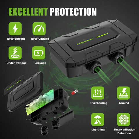 Hardwired Level 2 EV Charger 32 Amp 240 Volt Wallbox With 18 Ft Cord J1772 Connector showing protection features in matte black finish.