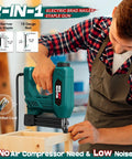 Ready To Rock Electric Brad Nailer And 2 In 1 Staple Gun With Smooth Spiral Drive for woodwork use on wooden frame.
