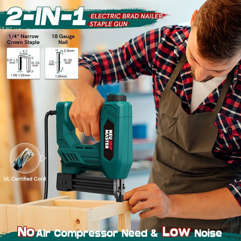 Ready To Rock Electric Brad Nailer And 2 In 1 Staple Gun With Smooth Spiral Drive for woodwork use on wooden frame.