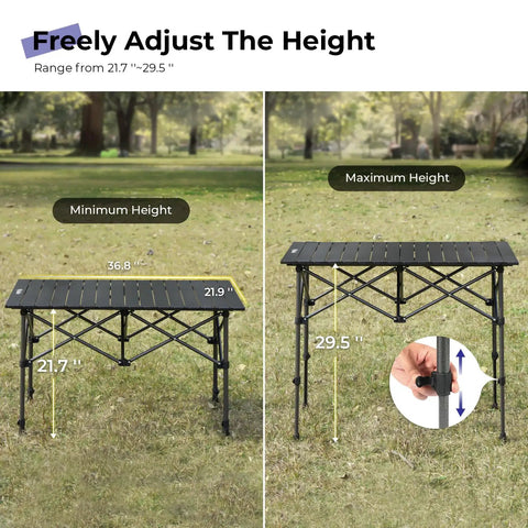 Go To Ultralight Folding Camping Table With Aluminum Construction Roll Up Design Adjustable Height in black on grass