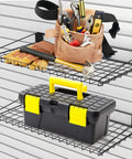 Two-Pack Heavy Duty Slatwall Shelves 23.6 By 11.8 Inch Metal Wire Shelves with tools and toolbox on slat wall