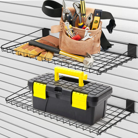 Two-Pack Heavy Duty Slatwall Shelves 23.6 By 11.8 Inch Metal Wire Shelves with tools and toolbox on slat wall