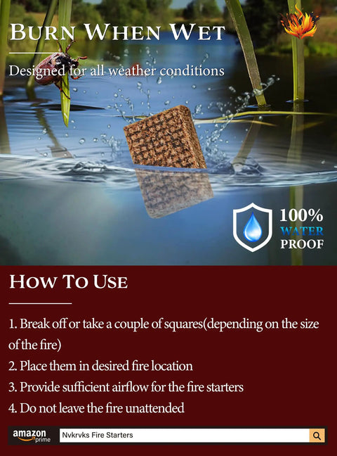 Easy Burn Fire Starter Squares for Wood Stoves No Mess Campfires Grills and Fireplaces Natural Waterproof BBQ Fire Starters 64 Mini Squares Quick Lighting for Backyard Campouts and Cozy Evenings, shown floating on water demonstrating waterproof feature.