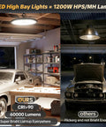 Comparison of 400W UFO LED High Bay Light with 60,000 Lumens to traditional lighting in a garage setting.