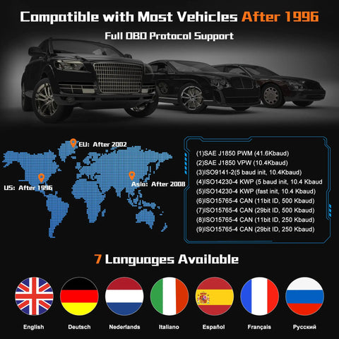 Compatibility map and vehicle image for OBD2 Car Diagnostic Scanner Tool For All Cars 1996 And Later