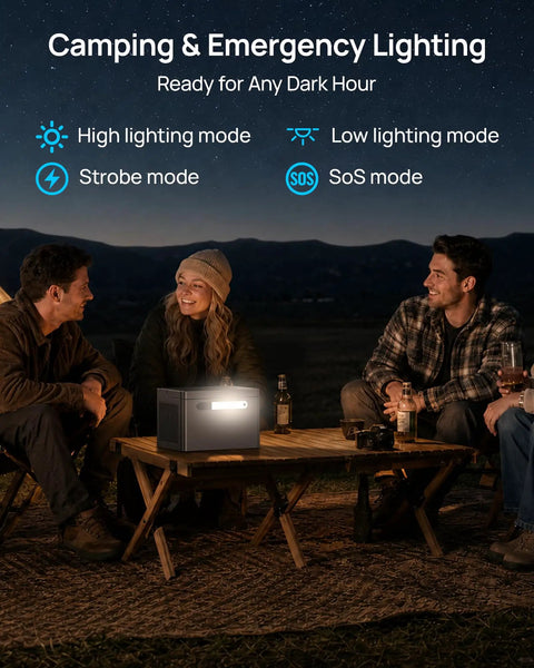 Portable Power Station 600W With 576Wh LiFePO4 Battery on table during night camping with people, demonstrating emergency lighting modes.
