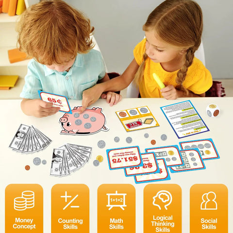 Children playing with Kid Friendly Money Mastery Activity Set For Learning And Hands On Pretend Play, 60 Play Bills and Coins