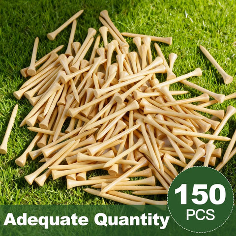 150 Count Wooden Golf Tees Two And Three Quarters Inch Biodegradable Bamboo Tees Natural Color on grass background.