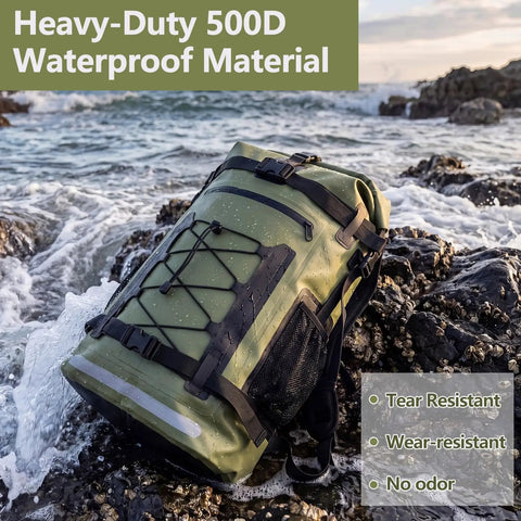 40L Waterproof Backpack Dry Bag on rocky shoreline, green 500D PVC material, showing tear and wear resistance in outdoor use