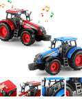 Red and blue tractors from 3 In 1 Toddler Farm Truck Set With Large Flatbed Semi Truck Includes Two Tractors Flashing Lights Horn Sounds Inertial Power And Realistic Action Perfect Birthday Gift For 2 3 4 5 Year Old Boys And Girls, showing details and lights.