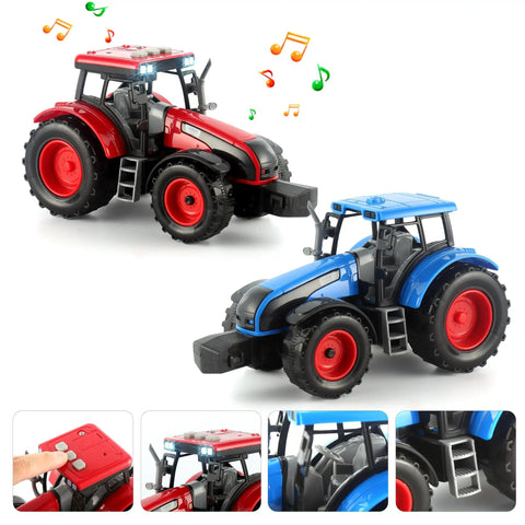 Red and blue tractors from 3 In 1 Toddler Farm Truck Set With Large Flatbed Semi Truck Includes Two Tractors Flashing Lights Horn Sounds Inertial Power And Realistic Action Perfect Birthday Gift For 2 3 4 5 Year Old Boys And Girls, showing details and lights.