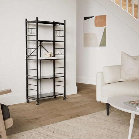 Slick Black Five Tier Foldable Storage Shelf With Casters And Twenty Hooks Quick Kitchen Pantry Cleanup No Fuss Assembly Solid Build For Tight Spaces And Daily Hauls