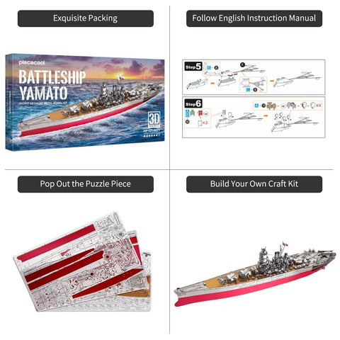3D Metal Puzzle Military Watercraft Yamato Battleship Model Kit For Adults And Teens box, instructions, puzzle pieces close-up, completed model