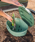 Person adding kitchen scraps into In Ground Worm Composter Twin Pack For Outdoor Gardens 7 Gallon BPA Free Sage Green Compost Bin System