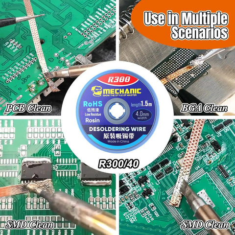 Pro Grade Solder Wick No Clean Braided Desoldering Wick For Electronics Copper Wire 4.0mm By 1.5m shown in various cleaning scenarios