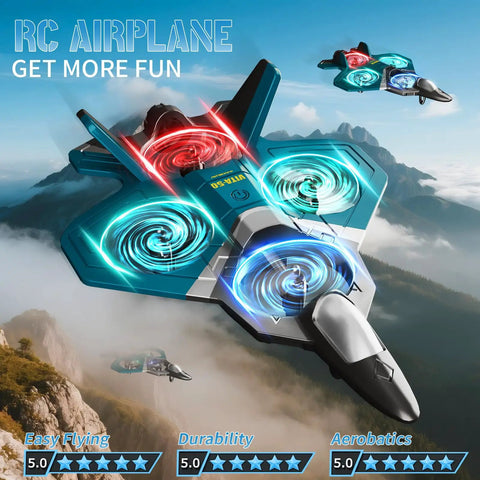 Ultra Fun RC Planes With 3 Batteries For Kids And Adults Foam Remote Control Jet Plane with LED lights flying in sky.