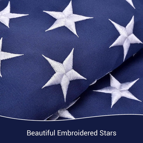 Close-up of Tough As Nails 3x5 Ft US Flag with embroidered stars on 420D polyester, ideal for high winds and tear proof outdoor display.