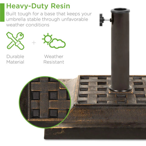 Heavy Duty 26 Pound Steel Patio Umbrella Stand With Bronze Finish Square Base Decorative Basket Weave Pattern Weather Resistant