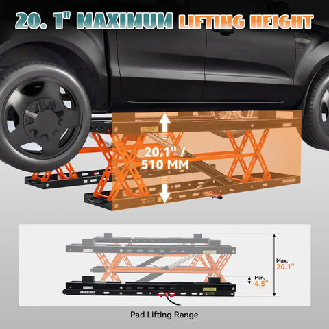Heavy Duty 5000 Lb Portable Car Lift With Rock Solid Q355B Steel Scissor Jack showing 20.1 inch maximum lifting height under a vehicle.