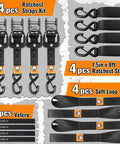 Beefy Heavy Duty Ratchet Straps 4 Pack 1.5 Inch By 8 Foot Tie Downs With Safety S Hooks And Soft Loops 5208 Pound Break Strength