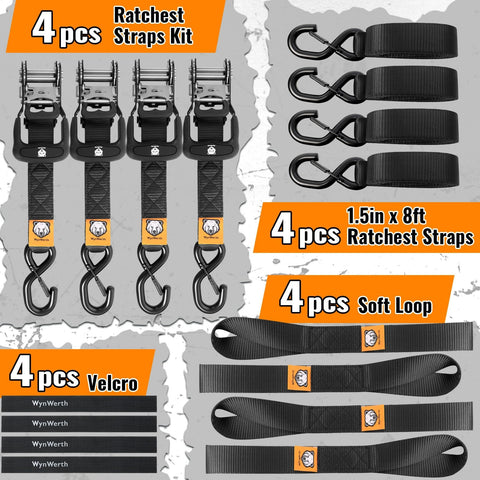 Beefy Heavy Duty Ratchet Straps 4 Pack 1.5 Inch By 8 Foot Tie Downs With Safety S Hooks And Soft Loops 5208 Pound Break Strength