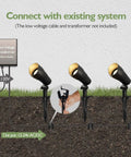 Low Voltage LED Landscape Spotlights 12V Garden Lights With Connectors 7.5W 3000K Warm White Outdoor Lights For House Waterproof Yard Light For Trees And Pathways 4 Pack Easy Install Durable Weatherproof shown with connection system diagram.