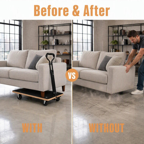 Before and after sofa moving with Beefy Heavy Duty 440 Lb Wooden Furniture Dolly With Adjustable Telescoping Handle From Twenty Point Five To Thirty Inches And Four Inch Casters Non Slip Leather Surface For Securely Moving Heavy Pianos And Appliances.