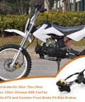 Front Hydraulic Disc Brake Master Cylinder Caliper Assembly With Pads For 50cc 70cc 90cc 110cc And 125cc Dirt Bikes Pit Bikes Compatible With SSR Taotao Apollo Coolster Roketa Jetmoto Baja Front Brake System displayed next to a dirt bike