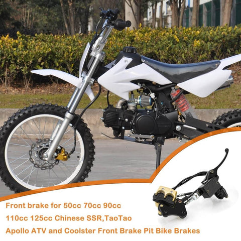 Front Hydraulic Disc Brake Master Cylinder Caliper Assembly With Pads For 50cc 70cc 90cc 110cc And 125cc Dirt Bikes Pit Bikes Compatible With SSR Taotao Apollo Coolster Roketa Jetmoto Baja Front Brake System displayed next to a dirt bike
