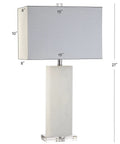 White Alabaster 27 Inch Rectangular Table Lamp With White Linen Shade, modern bedside nightstand light, front view.