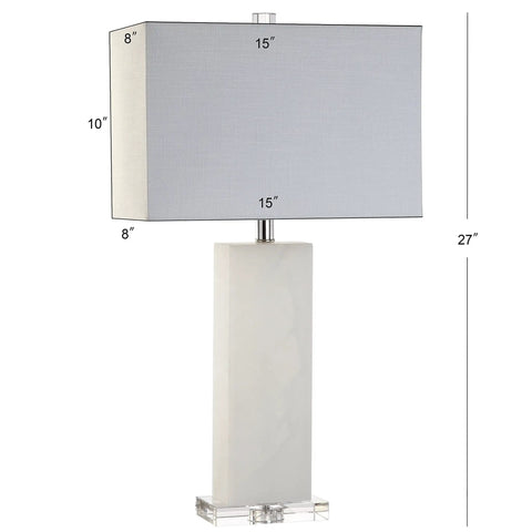 White Alabaster 27 Inch Rectangular Table Lamp With White Linen Shade, modern bedside nightstand light, front view.