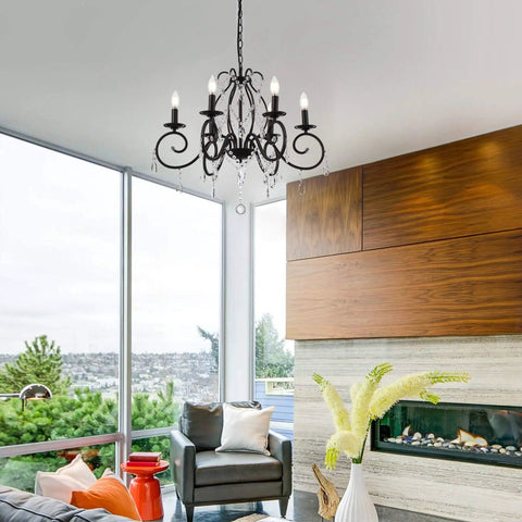 Bronze Crystal Six Light Candle Chandelier With Metal Pendant Ceiling Light For Bedroom Dining Room Kitchen And Living Room, Vintage Bronze Finish, 26.8 Inch Width And 16.5 Inch Height, 47.24 Inch Adjustable Chain in a modern living room