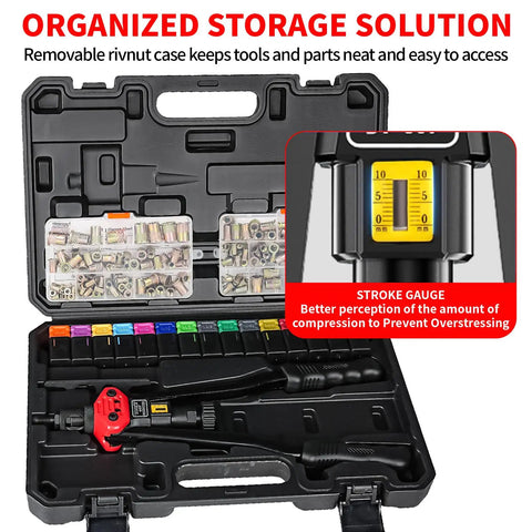 Rivet Nut Tool Kit 16 Inch With 15 Metric And SAE Mandrels, Rivnut Gun With carry case and 200 Pc Rivnut Assortment Kit