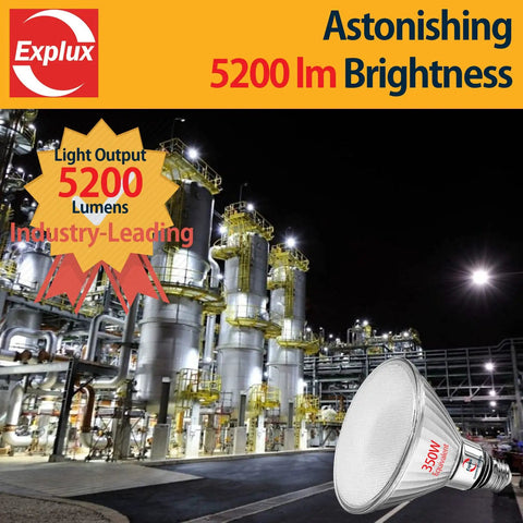 350 Watt Equivalent PAR38 LED Flood Light Bulb Mega Bright 5200 Lumens for Ultra Bright Outdoor Use, industrial setting at night